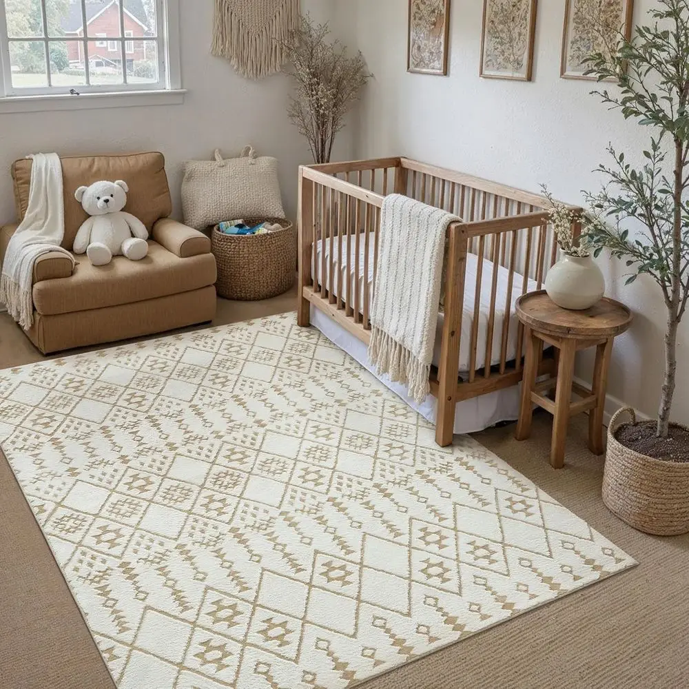 Beige Shag Boho Area Rug - 5x7 Modern Moroccan Style, Soft Geometric Design for Living Spaces