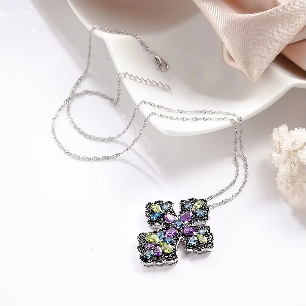 GZ ZONGFA 100% 925 Sterling Silver Cross Pendant Necklace For Women Natural Peridot Amethyst Colorful Gems Trendy Fine Jewelry