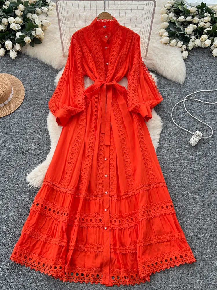 Ele Lace Splicing Lantern Sve Dr Dames lang Dr Court Sle Hoge taille Polyestervezel A-lijn Zomer Dr