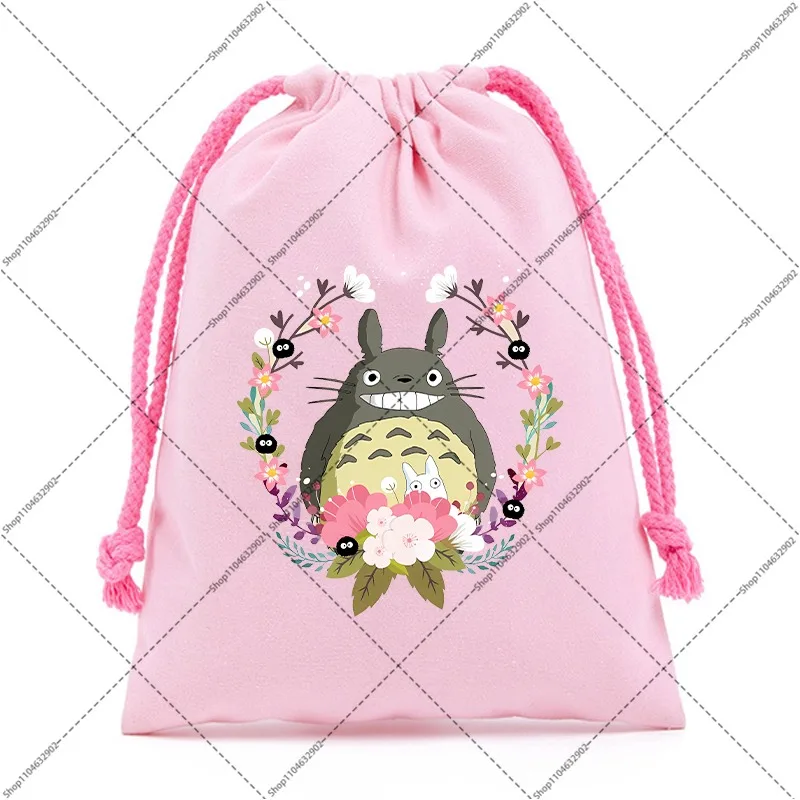 Totoro Cotton Cute Drawstring Pockets Small Gift Bags Cartoon Anime Graphic Print Portable Storage Bag Birthday Party Gifts New view 2