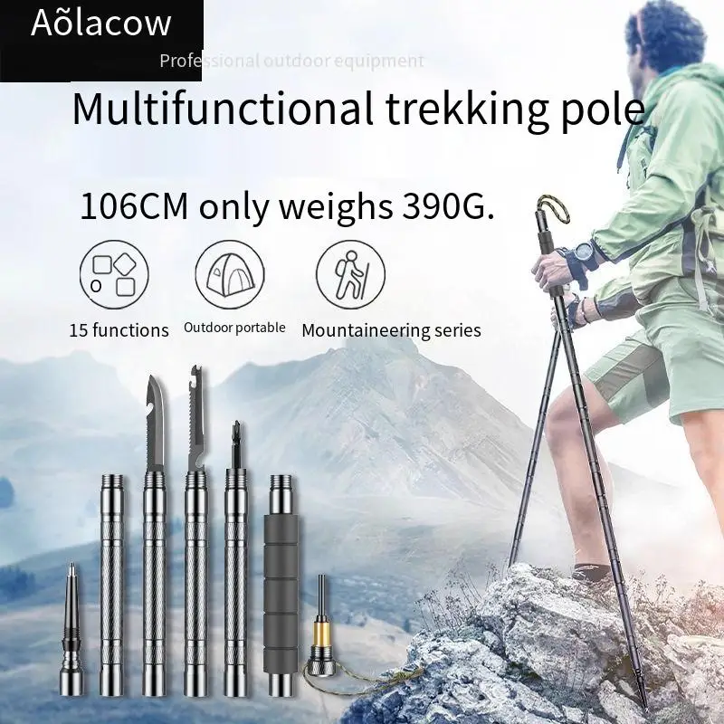 aolacow-ハイキングスティック折りたたみ多機能アウトドアハイキング、護身スティックマウンテンキャンプセット取り外し可能