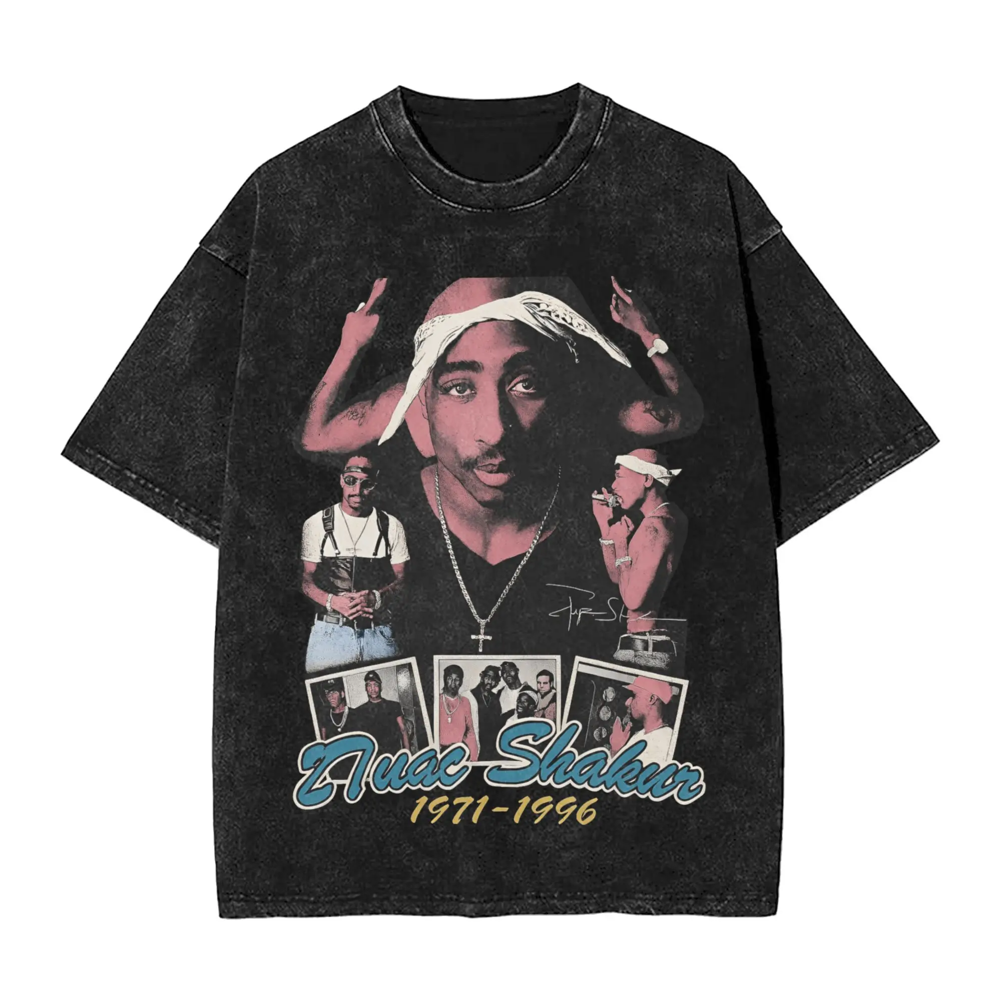 American rapper Men's T Shirts Washed Tupac Shakurs Fashion Tees Short Sleeve Crew Neck T-Shirt 100% Cotton Plus Size Clothes