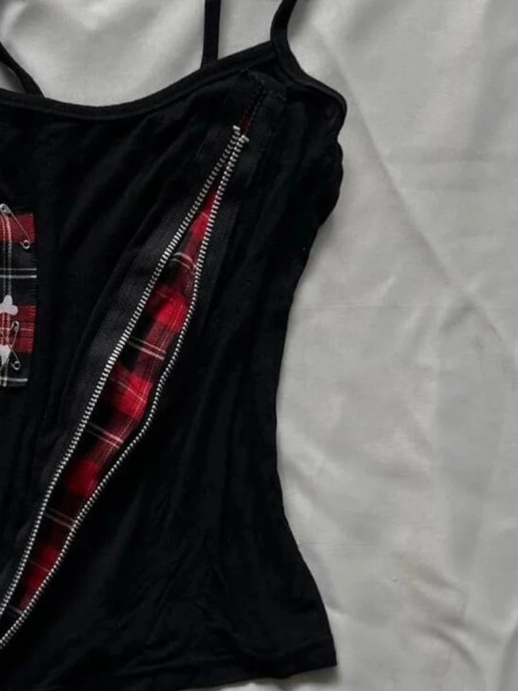 اليابانية الجمجمة الطباعة الدبابات Y2k الجمالية منقوشة المرقعة المرأة سستة تانك القمم Harajuku عارية الذراعين خمر مثير الشرير بروتيل #6