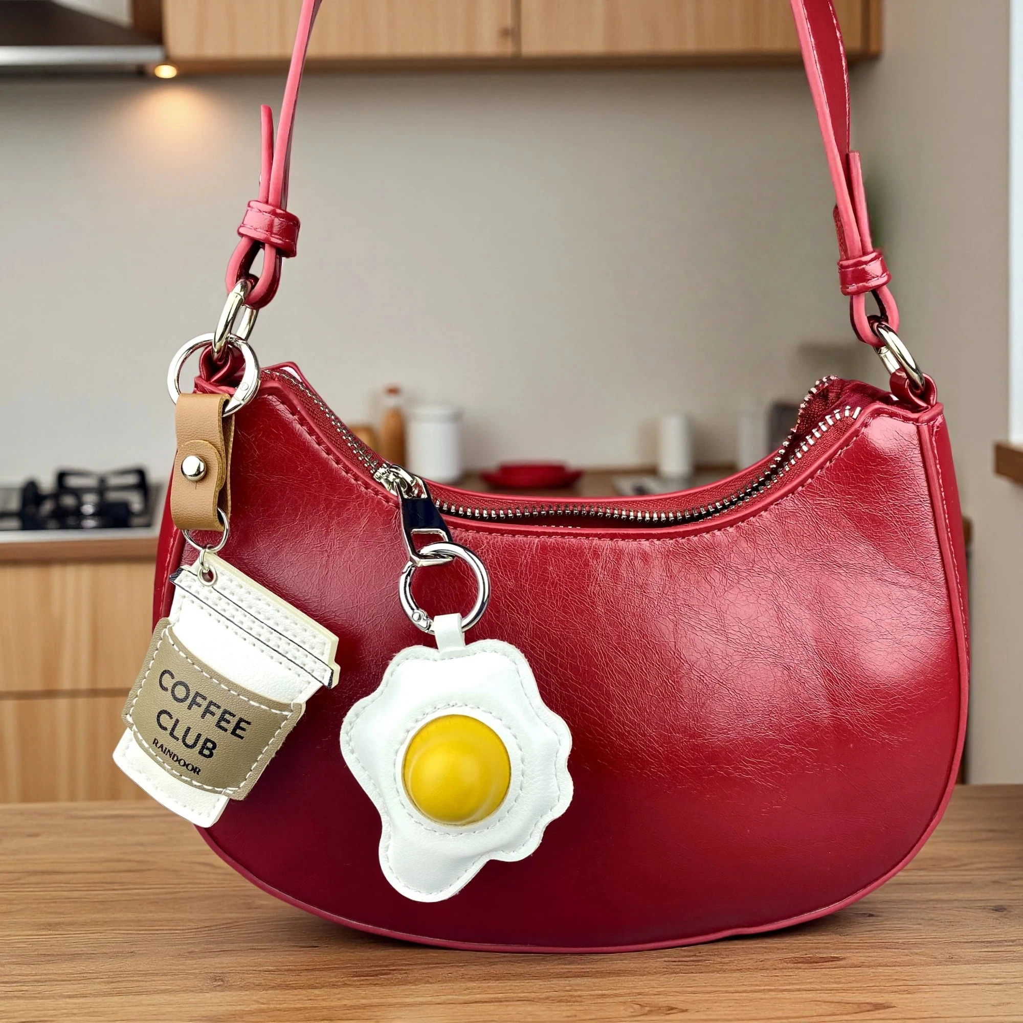 Adorable PU Leather Food Keychain, Cute Coffee Cup, Burger, Cheese Slice & Fried Egg Pendant, Realistic Breakfast Charm, Gift view 2