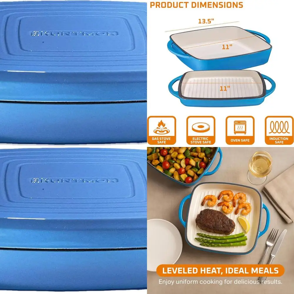 

Whale Blue 2-in-1 Enameled Cast Iron Dutch Oven and Grill Pan with Lid and Dual Handles for Baking, Braising, and Grilling