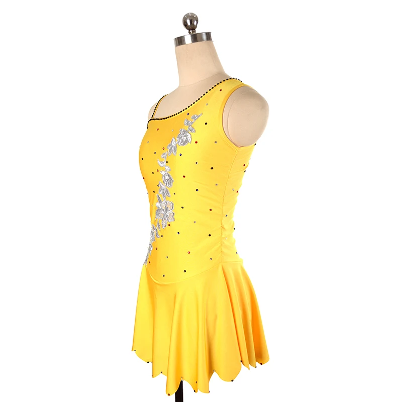 Women's Children's Rhythmic Gymnastics Yellow Silver Flower Performance Dress Figure Skating Dress Customized Competition