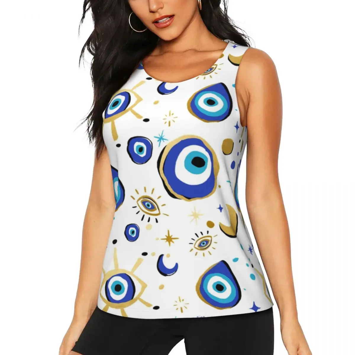 Custom Mediterranean Blue And Gold Evil Eye Workout Tank Tops for Women Quick Dry Sleeveless Hamsa Nazar Amulet Boho Yoga Shirt