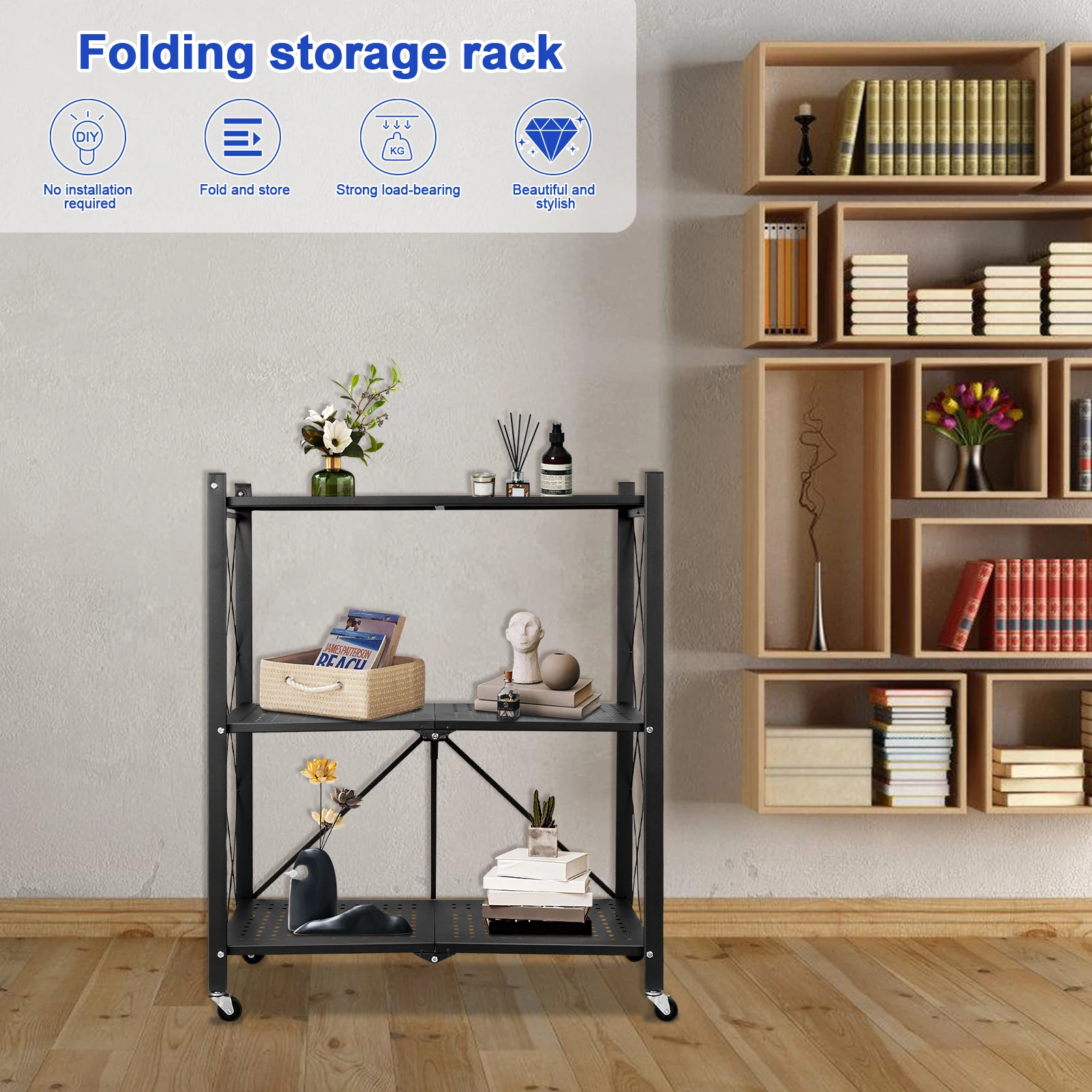 Folding Metal Storage Rack com Rodas, Estante de Livros, Sem Montagem Prateleiras, Cozinha, Lavanderia, Garagem, 3 Camadas