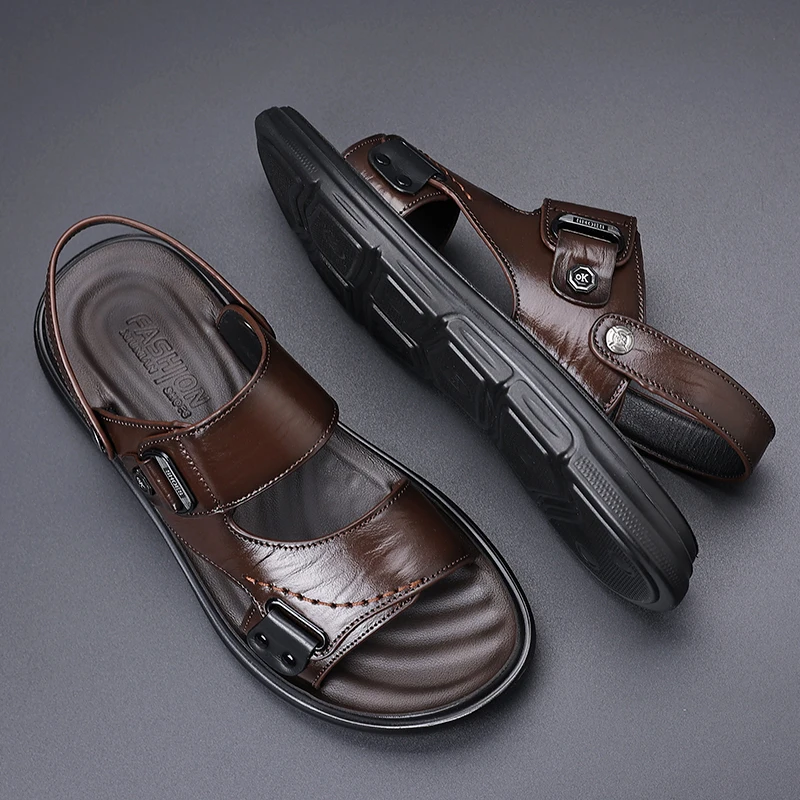 Men's Adjustable Strap Sandals with Dual Buckle Closure for Casual Summer Wear, Lightweight Comfortable Design with Stitched Det