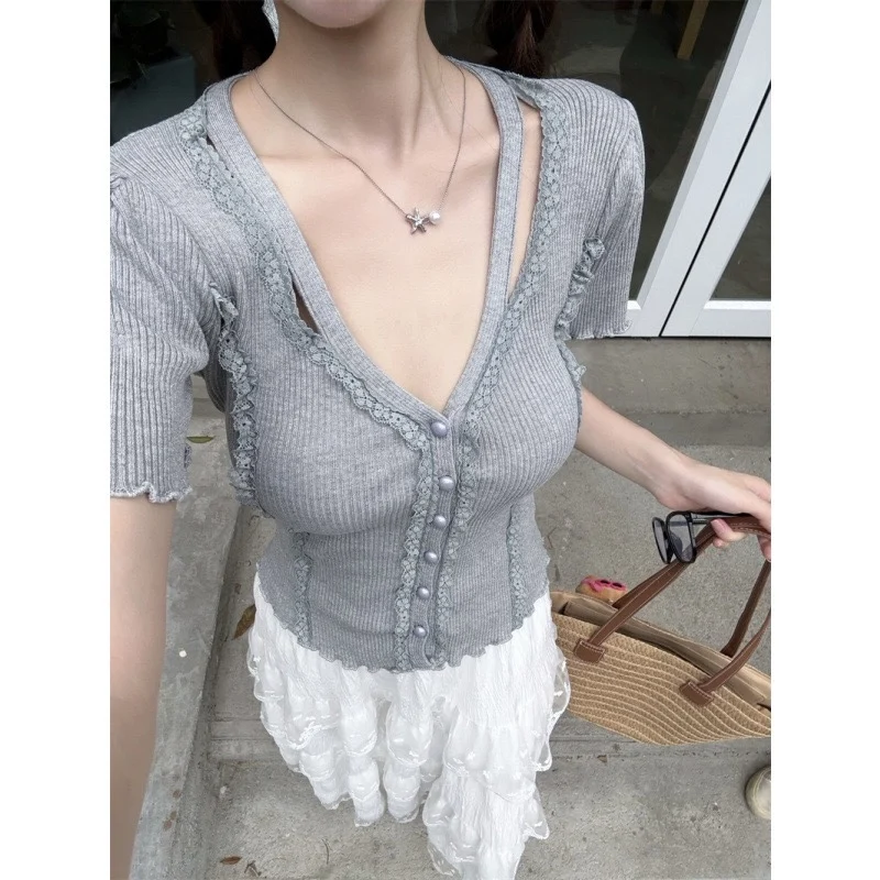 

Women's ort Sve Knitted T-irt Slim Fit Pure Color Summer Faion Breathable Sweat Absorbent V-Ne Casual Sle