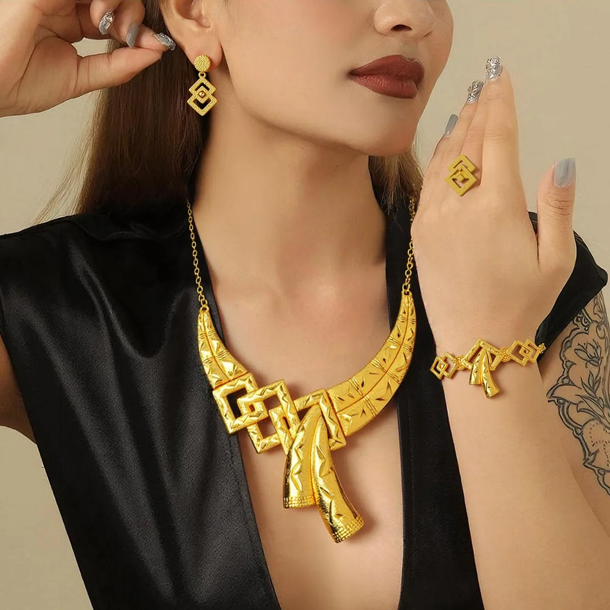 Luxury 24K 9999 Pure Gold real gold Dubai Middle East Women Necklace Earrings Bracelet Ring Set