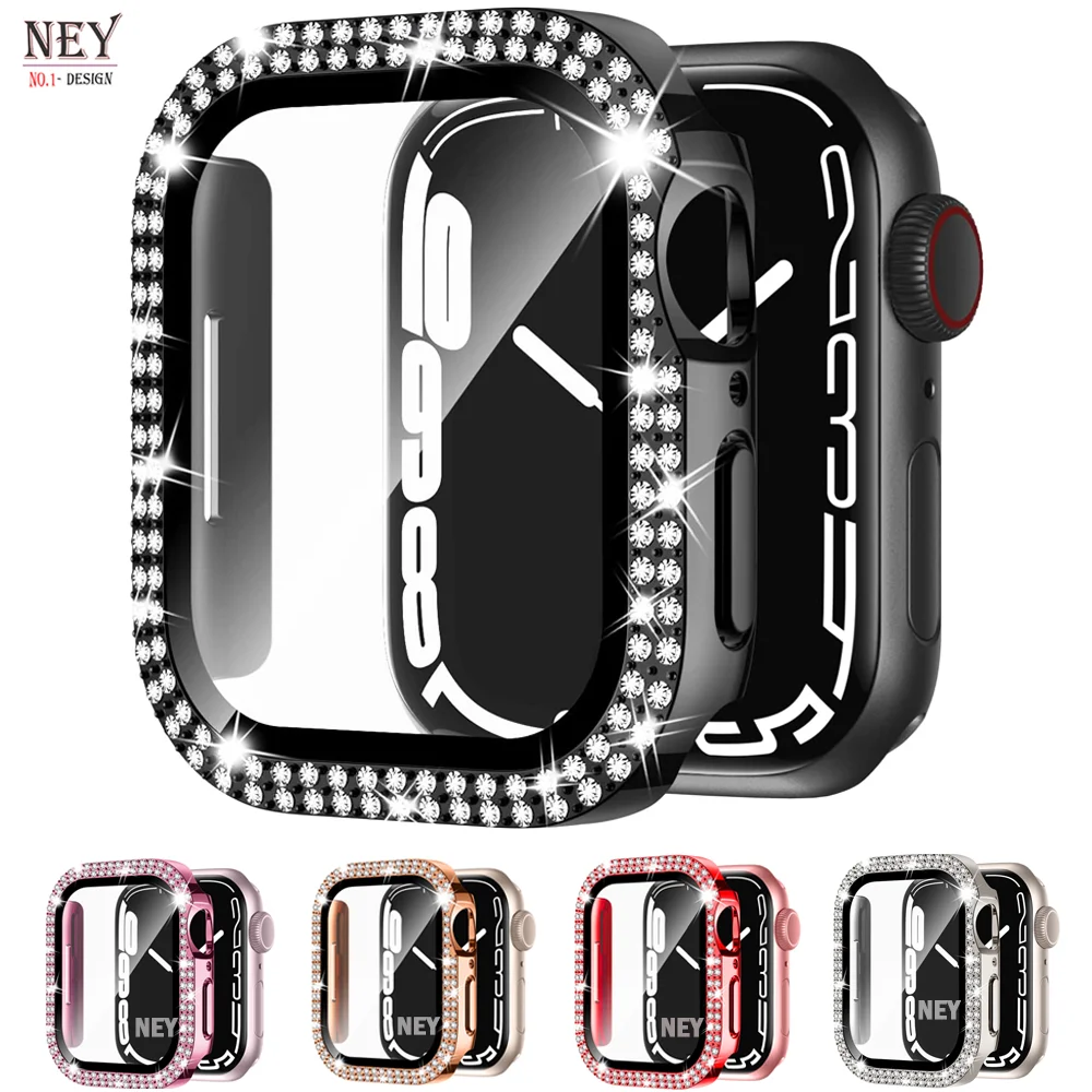 Diamond Cover For Apple watch Case 45mm 41mm 44mm 40mm Tempered Glass+Bling Bumper Screen Protector iWatch series 9 8 7 6 5 4 SE