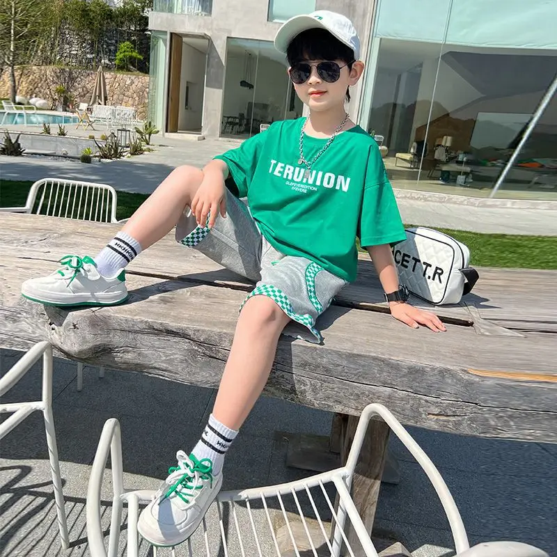 2026 Summer Boys Cotton Alphabet Cartoon T-Shirt Tops+Patchwork Plaid Shorts Pant Set School Kids Tracksuit Child 2PCS Outfit