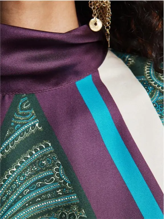 Summer 2026 Women's Slim Fit Silk Satin Print Long Sleeve High Collar Street Style Dress Cleanfit A-Line Skirt Soft Fabric view 4