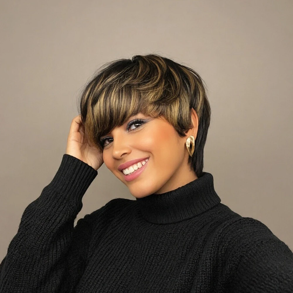 شعر مستعار قصير أشقر أسود اللون، شعر مستعار بشري مفرود بطبقات مع غرة مقطوعة مسبقًا للنساء مصنوع آليًا بالكامل