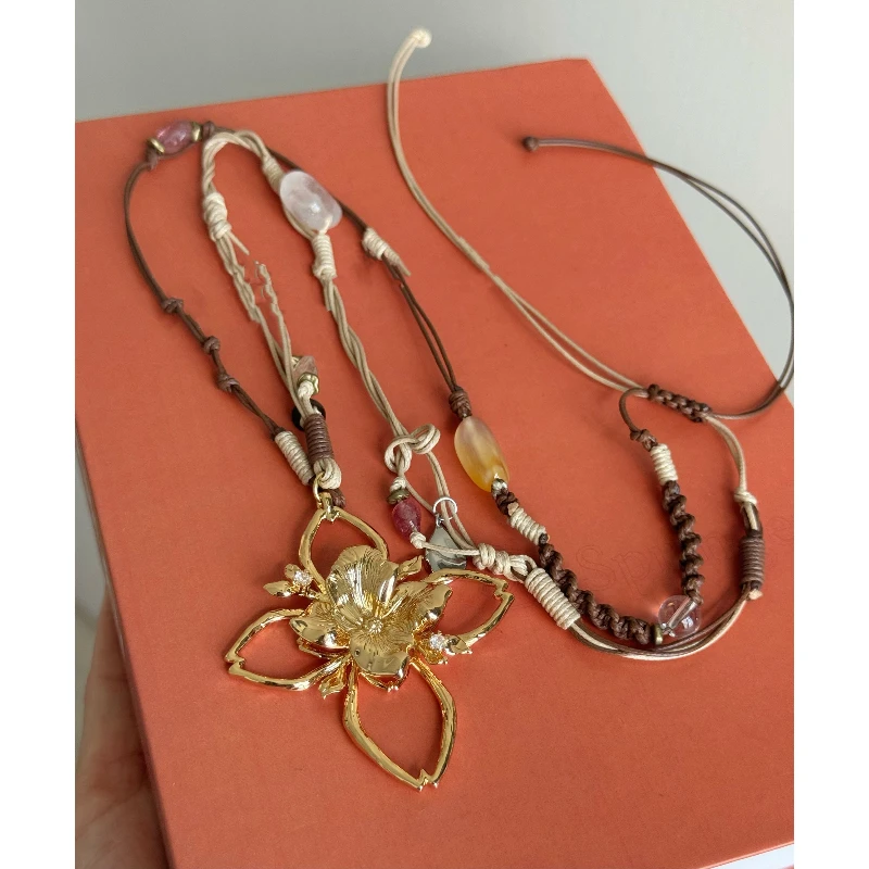 

Vintage Braided Rope Flower Gold Silver Pendant Necklace Women Romantic Bohemian Europe America Jewelry Trend