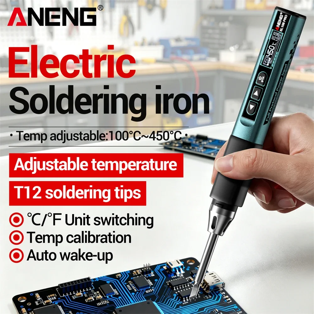 aneng-100w-デジタル電気はんだごて-t12-はんだ付けチップ-type-c-充電式-100-℃-~450-℃-温度調整可能な修理ツール