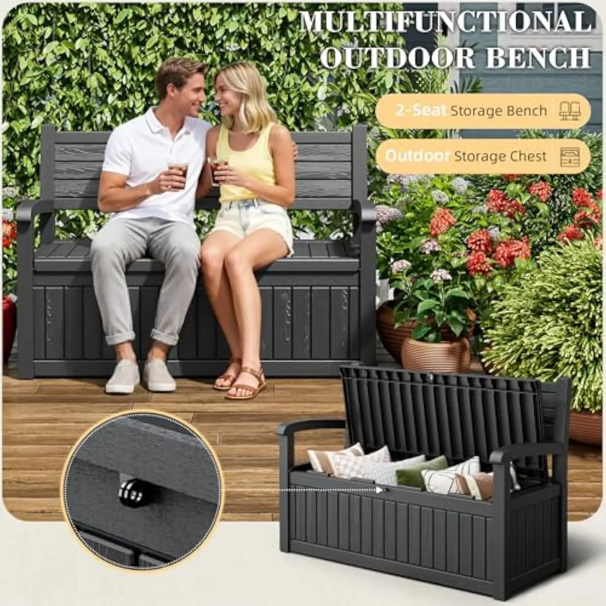 80 Gallon Outdoor Storage Bench Deck Box Waterproof Resin, Lockable Patio Furniture with Seat for Garden Tools Cushions - view 3