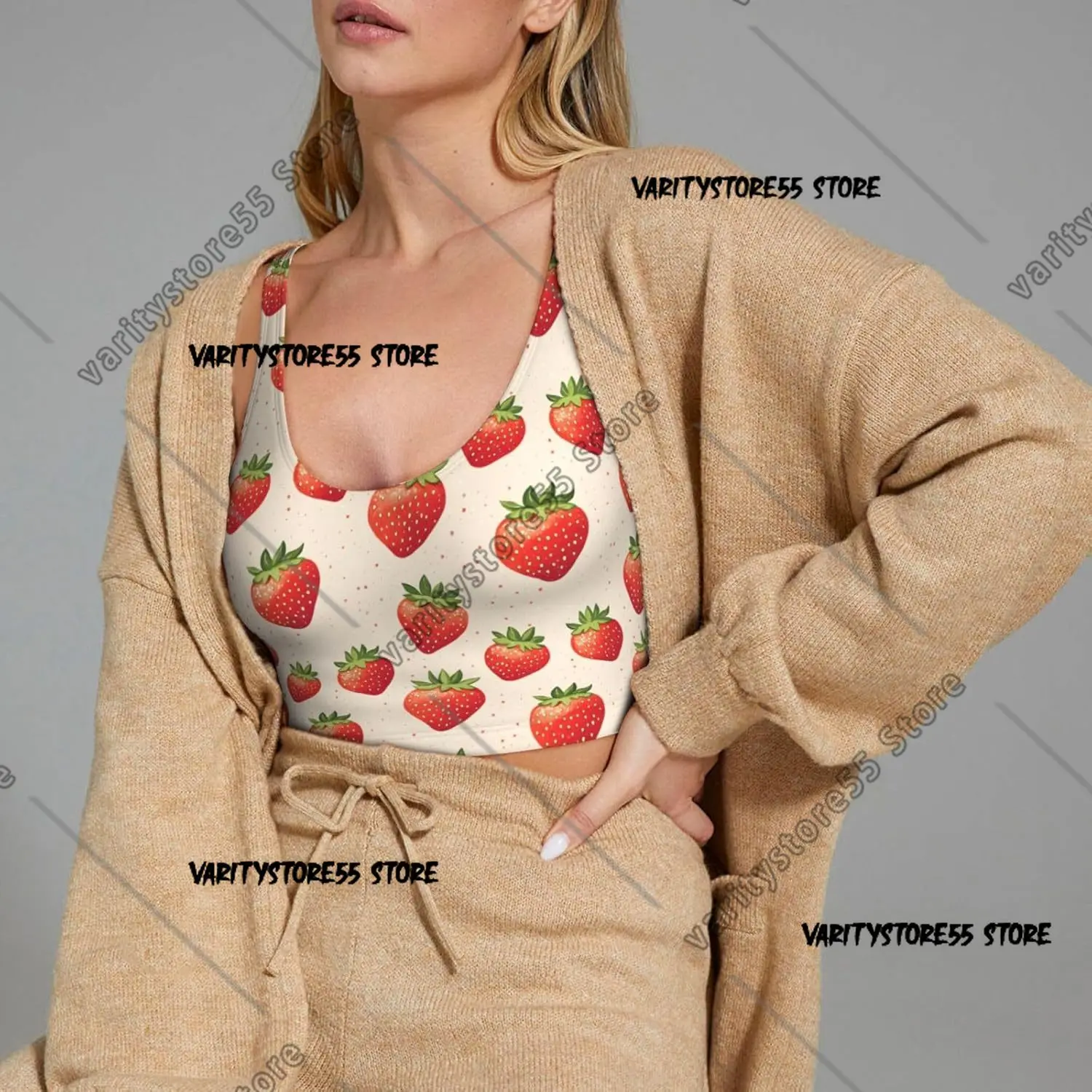 Sports Bras for Women High Support Bright Strawberry Print Running Athletic Workout Crop Tank Top