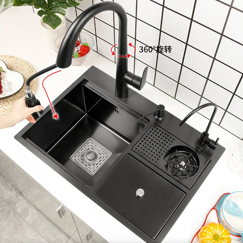 

Stainless Steel Kitchen Sink Nano Cup Washer Multi-function With Trash Can Hidden Single-slot Bar With Cover Plate Wash Basin