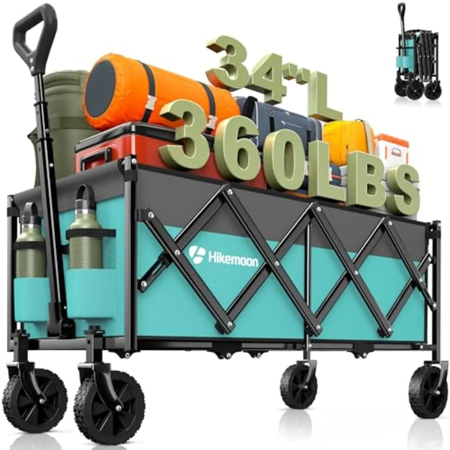 

34'' Extra Long Collapsible Wagons Carts Foldable 360LBS Heavy Duty Folding Beach Wagon Cart with Wheels Portable Utility Outdo