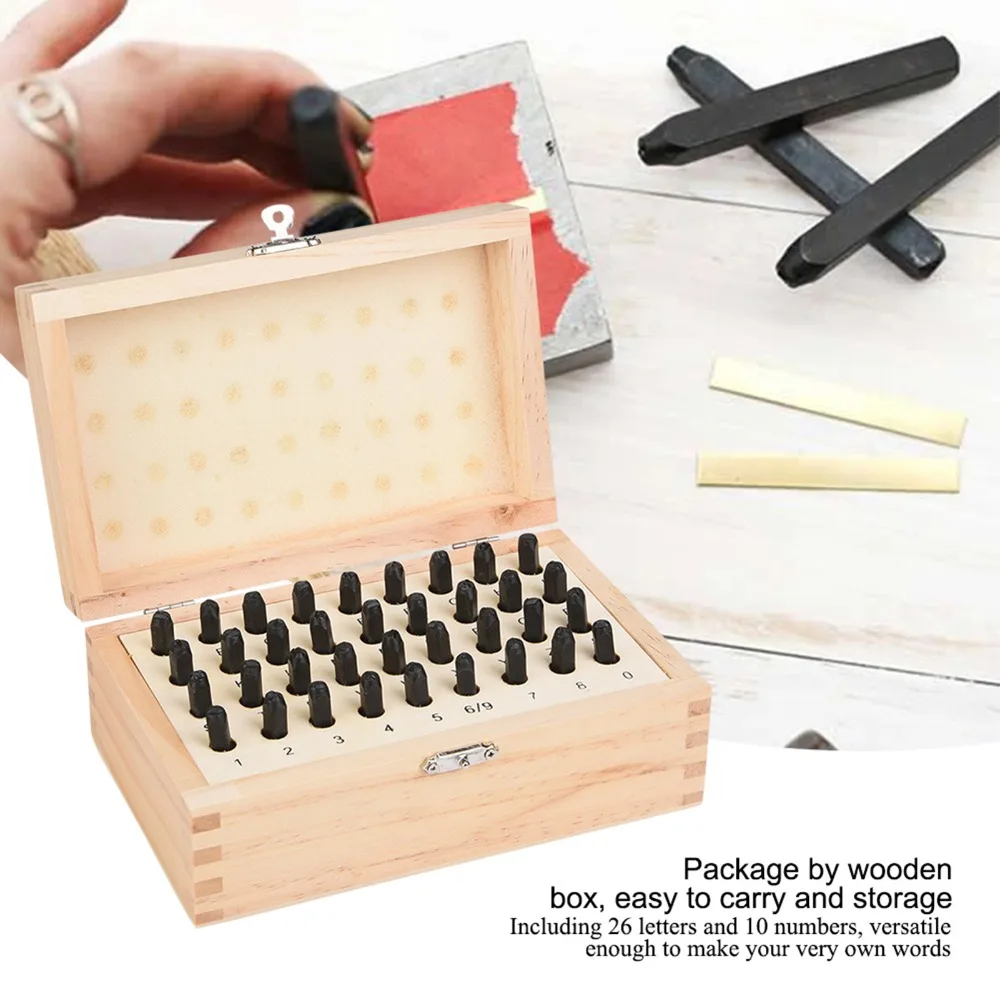 

36pcs 4MM Steel Letter Punch Set Carbon Steel 5MM Alphabet Stamp Set Wooden Box Case Reverse Punch Stamp Metal Stamping