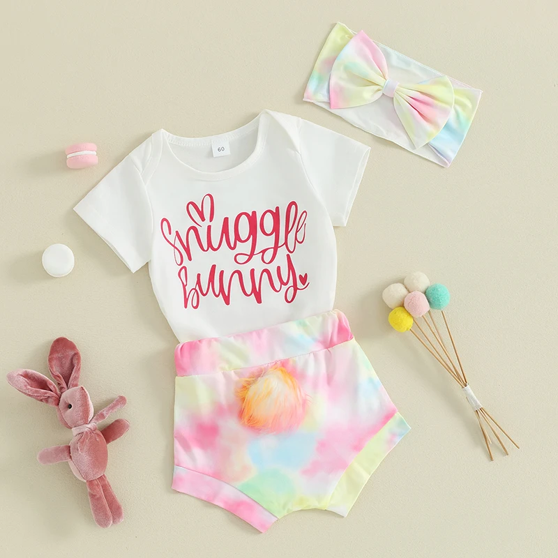 Baby Girl Easter Outfit Round Neck Short Sleeve Romper Elastic Waist Rabbit Print Shorts Headband 3 Piece Infant Toddler Set