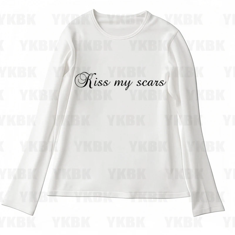 

Retro Fashion letter pattern long-sleeved Casual 90s Print Y2K top rock gothic aesthetic punk casual silm womens O-neck T-shirt