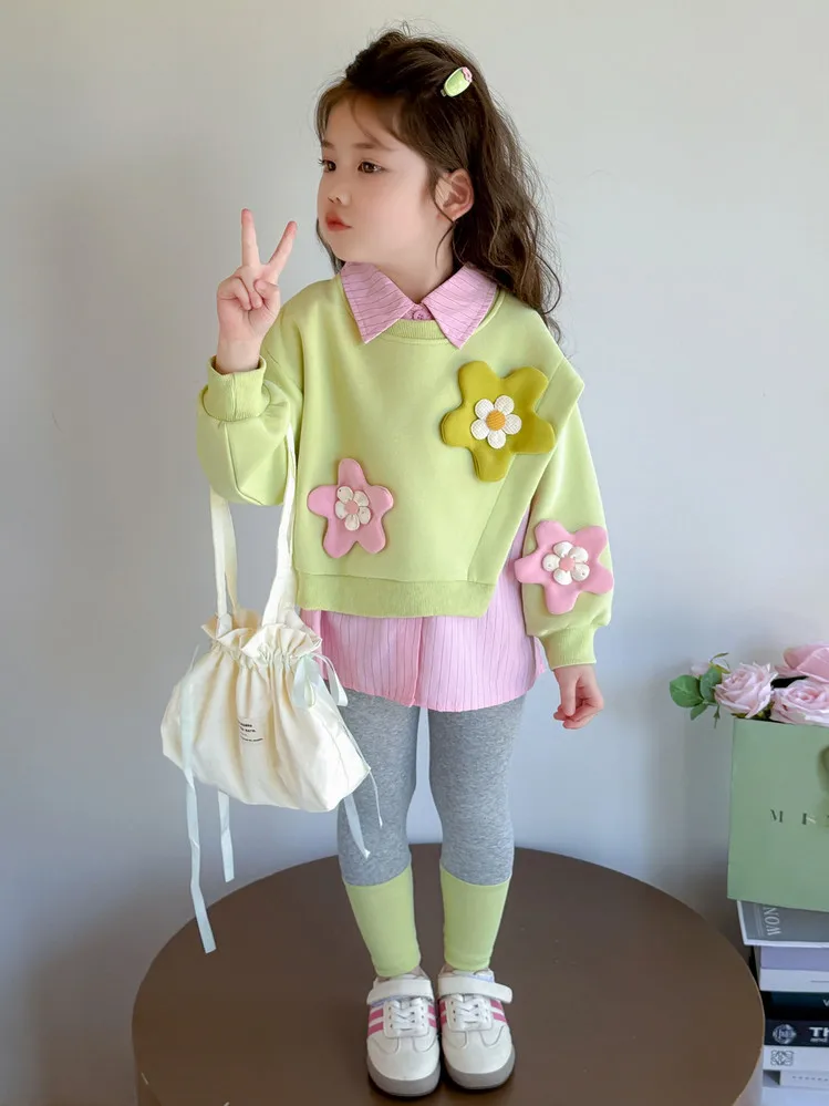 Sweater Flower-patterned Leggings Set Grils Children Spring Autumn New Korean Fashionable Long Sleeves Soft Cotton