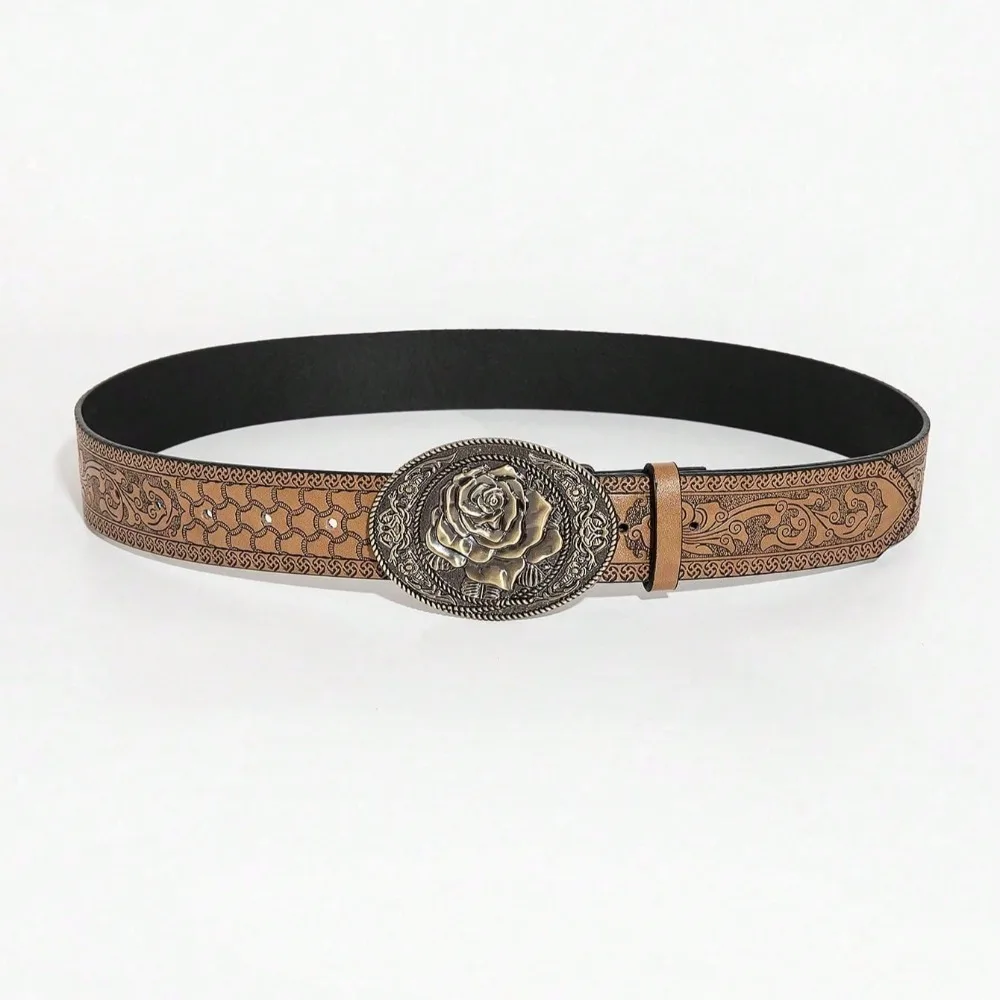 1 Piece of Retro Brown Dragon Patterned Rose Buckle PU Belt