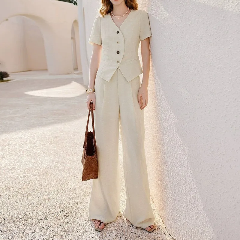 Womens Matching Sets Blazer Short Sleeve Wide Leg Pants Blazers Two Piece Set Suit Jacket V Neck Cropped Blazer Beige Set