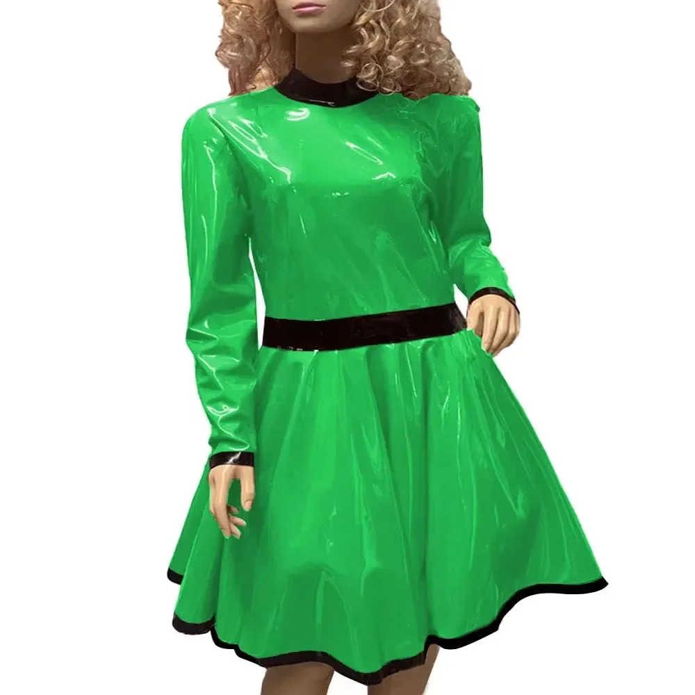 Vrouwen elegante mock hals mini-jurk plus size mode geplooide a-lijn jurk wetlook PVC leer casual feestjurken met lange mouwen