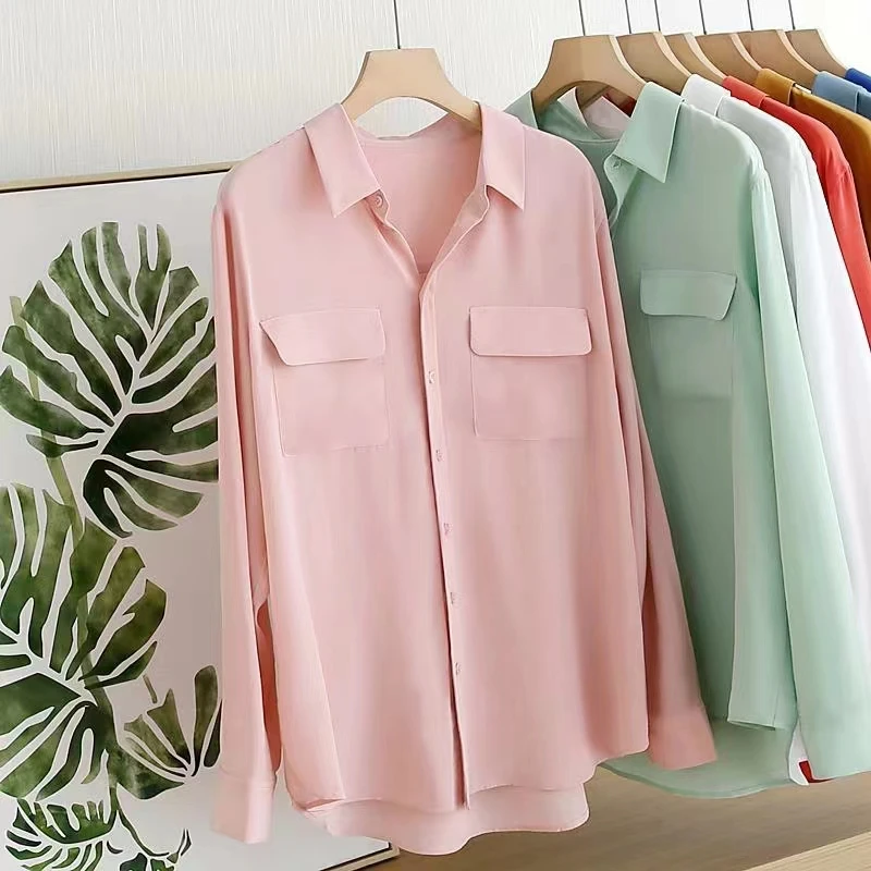 Ladies Pink Long-sleeved Shirts Spring and Autumn New Fashion Design Sense Loose Women\'s Temperament Blouse Casual Female Tops