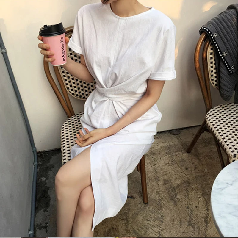 Women's Short Sleeve Bandage Split oversized Dresses 2024 Summer Casual Cotton Bodycon Vintage Long Dress Female Streetwear Ins