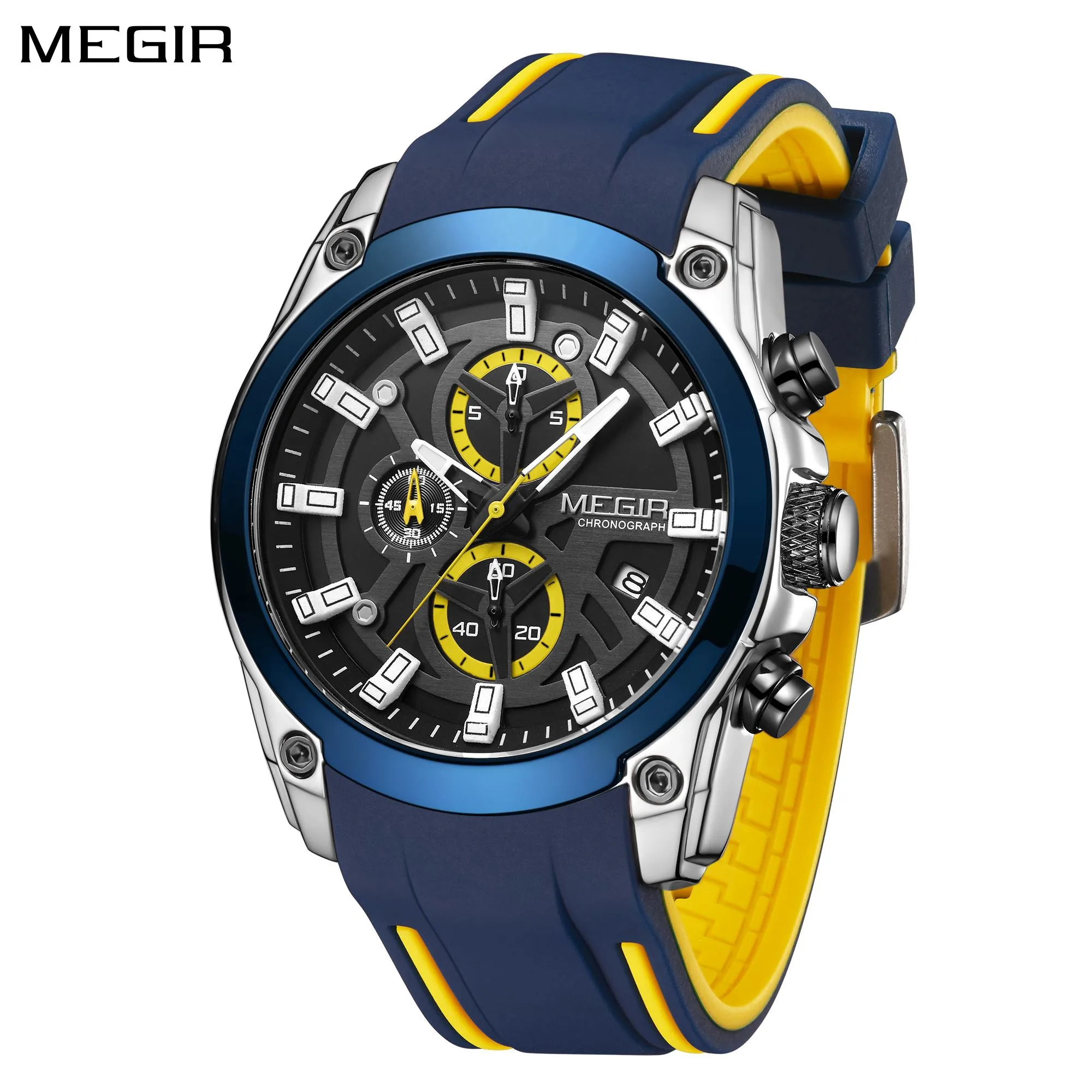 

MEGIR Chronograph Luxury Sport Watch for Men Silicone Waterproof Large Dial Analog Quartz Wristwatch with Auto Date Reloj Hombre