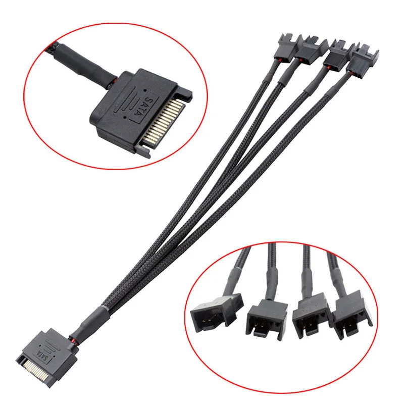 12V SATA 15Pin to 1/2/3/4 3Pin/4Pin P Computer Cooling Fan Splitter Hub Converter Adapter   PWM Temperature Power Cable