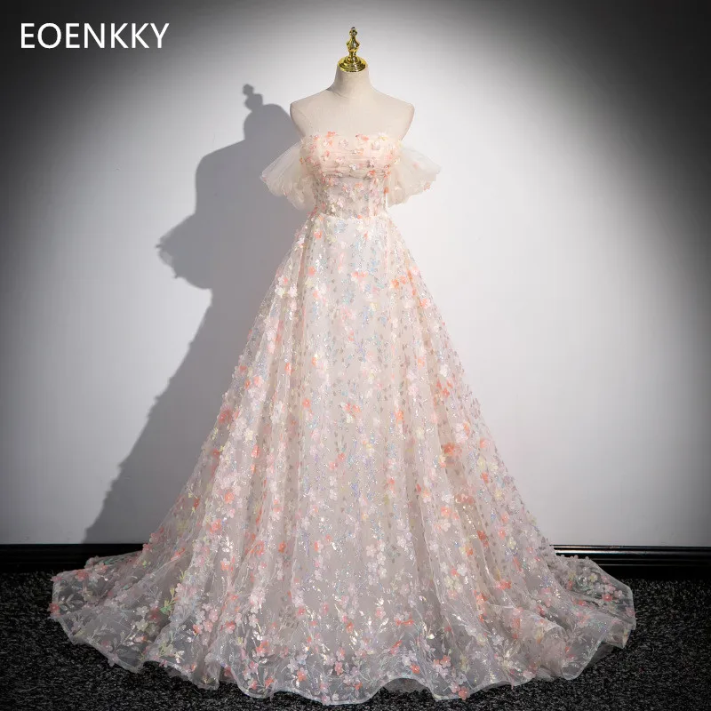 

EOENKKWomen's Off Shoulder Prom Dress with Flower Print Lace A-line Graduation Dress Elegant Party Dresses 2024 vestido de noche