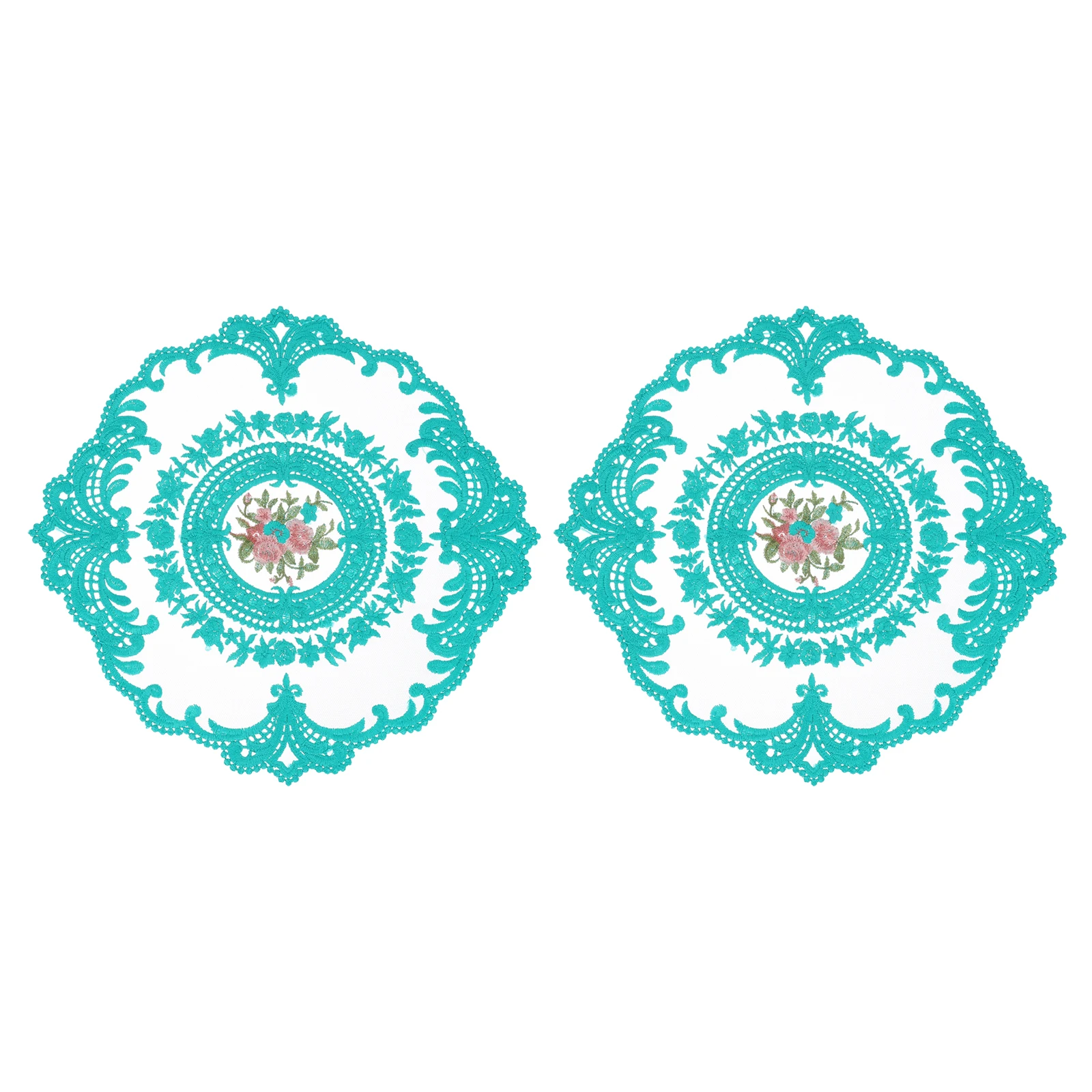 2Pcs Retro Lace Placemats,Embroidered Hollow Cup Vase Table Mat for Dining Table Kitchen Party 11.02x11.02inch, Drak Cyan