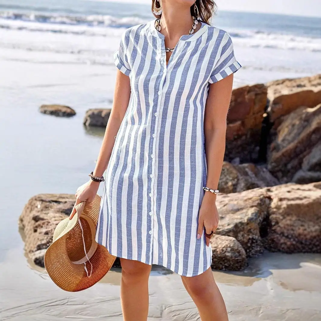 

Summer Faion Casual Loose Striped Women's irt Cotton Polyester Blend Button up Top Smart Sle ort Sve Stand Collar