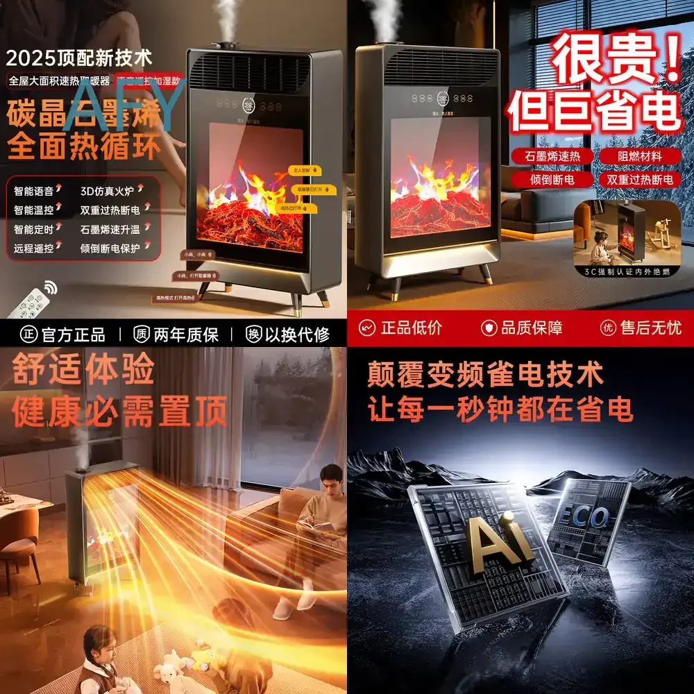 2026 New Voice Control Humidifier Heater for Home High Power Smart Fireplace with 3D Flame Effect Electric Space Heater for