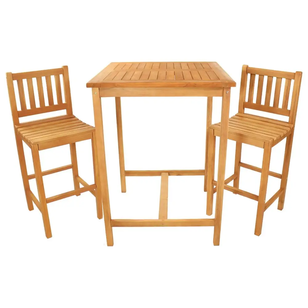 

3Piece Teak Wood BarHeight Patio Table Set Outdoor Bar Table and Chairs for Balcony, Home Bar, or Deck