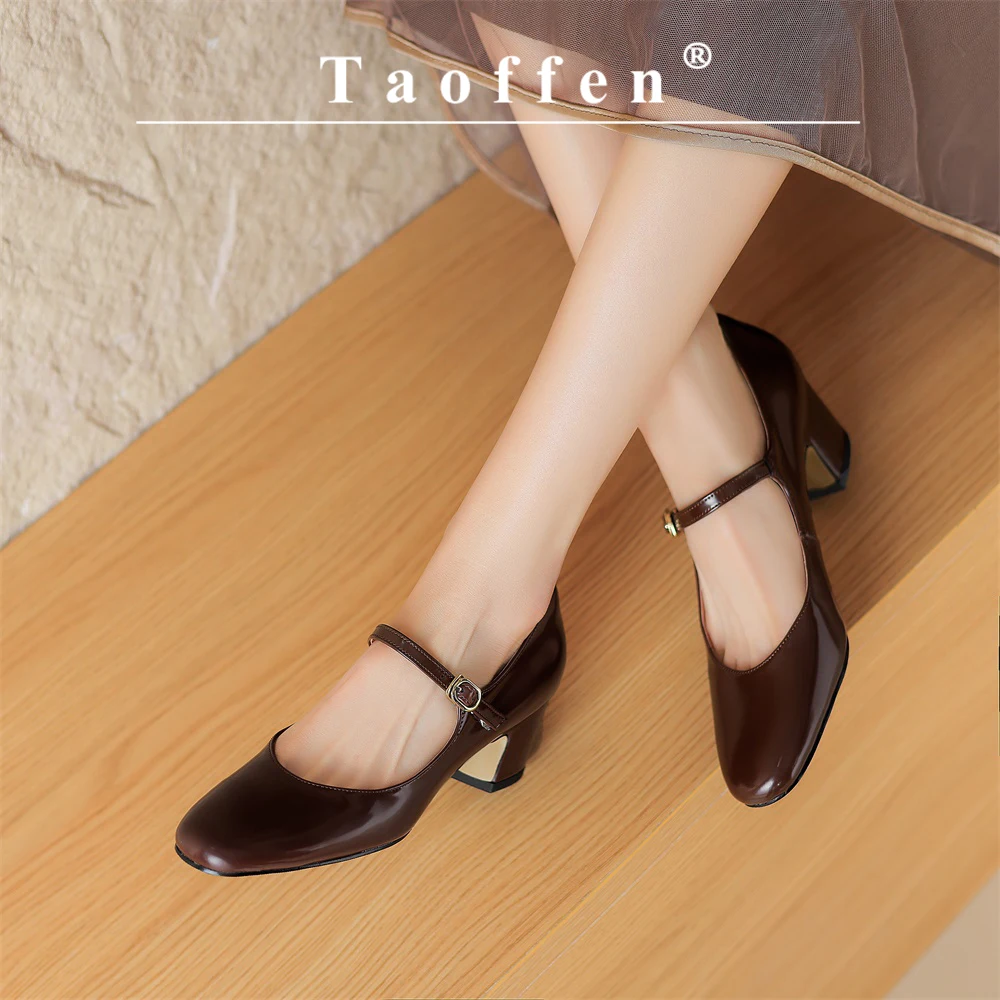 

Taoffen Casual Women's Pumps Genuine Leather Round Toe Mary Janes Pumps Comfortable Square Heel Buckle Strap Office Shoes