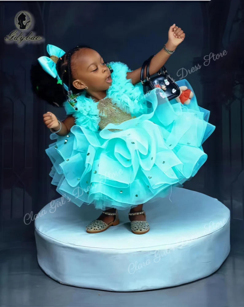 Leuke turquoise kralen meisje verjaardagsfeestje jurk prinses gegolfde bloemenmeisje jurk baby- en kinderavondjurk