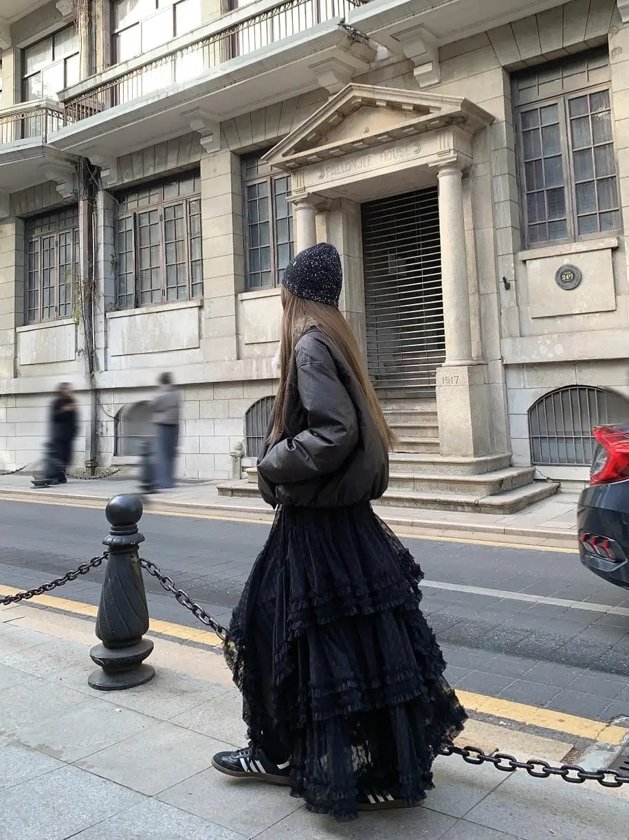 Spring Autumn Korean Version of Black Gentle Heavy Industry Lace Skirt Sweet Girl High Waist Versatile A-line Time Cake Skirts - Image 2