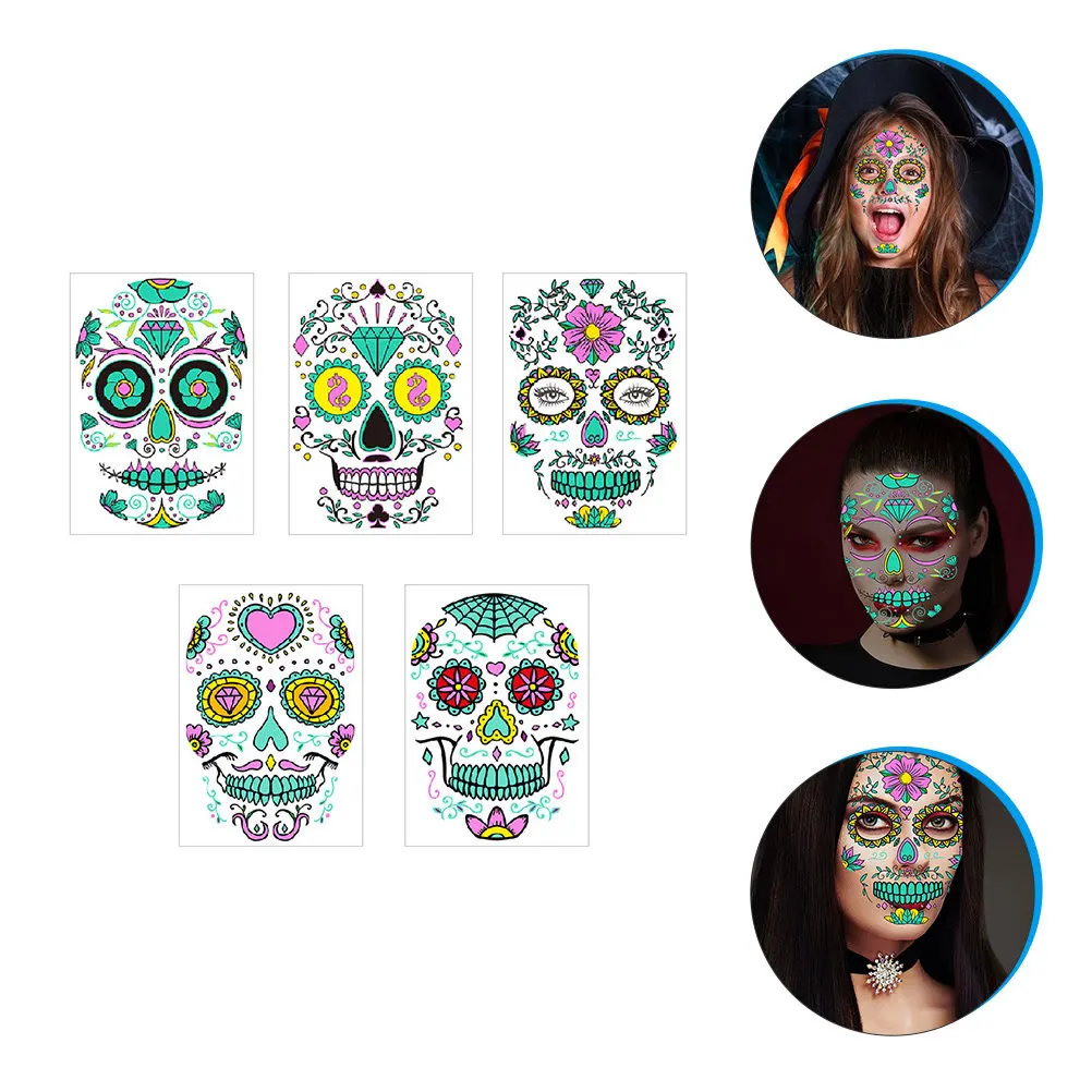 

5 шт., светящиеся в темноте татуировки, светящиеся наклейки для лица, принадлежности для вечеринок на Хэллоуин для взрослых, временные наклейки для лица, фестивальные наклейки