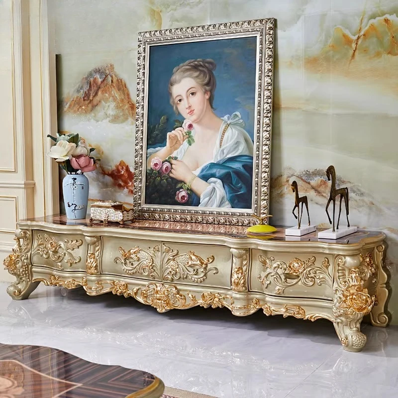 TT Solid wood carving flower gold TV cabinet luxury living room drawer audio-visual cabinet storage