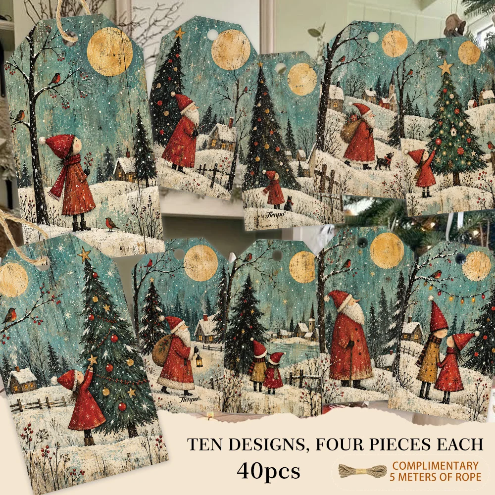 40pcs, Gift Tags, Vintage Folk Santa Village Scene, Hanging Paper Labels for Gift Wrapping, Holiday Party Decor with String