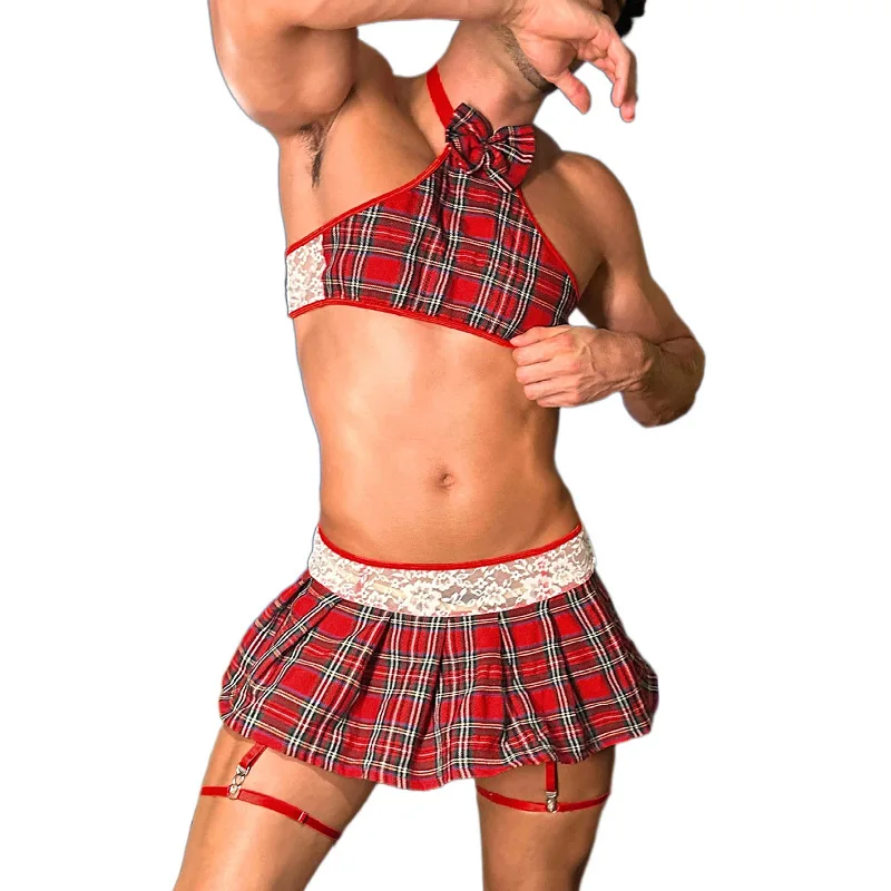 Herrenunterwäsche, rot kariert, schulterfrei, Oberteil, Spitze, Spleißrock, Uniform, Verführungsanzug, sexy Herrenunterwäsche