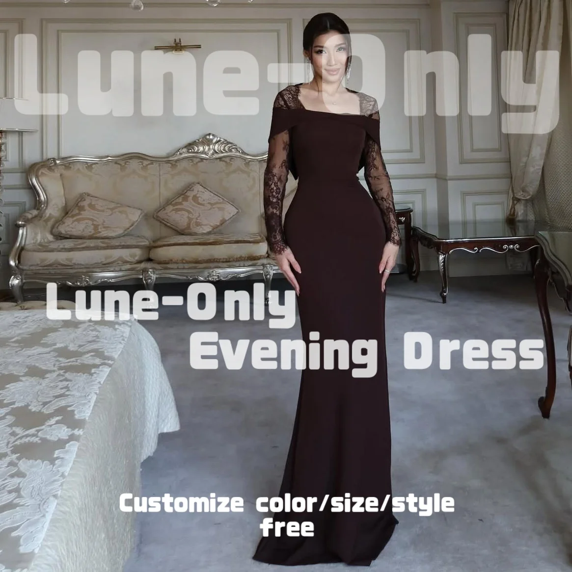 

Customized Lace Long Sleeves Square Neck Evening Dresses Brown Slim Fit Elegant Party Gown Square Neck Prom Formal Dress