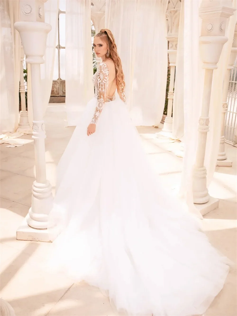 Vestido de novia bohemio con cuello en V, Sexy, encantador vestido acampanado de encaje, vestidos clásicos hasta el suelo de manga larga personalizados